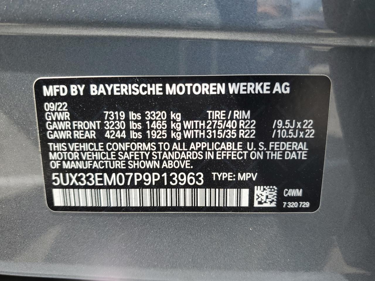 5UX33EM07P9P13963 2023 BMW X7 M60I