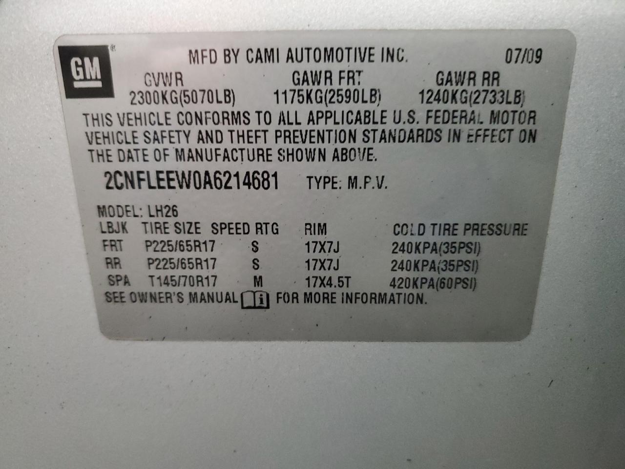 2CNFLEEW0A6214681 2010 Chevrolet Equinox Lt