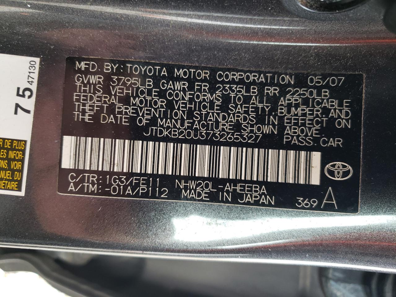 JTDKB20U373265327 2007 Toyota Prius