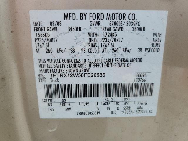 2008 Ford F150 VIN: 1FTRX12W58FB26986 Lot: 54781884