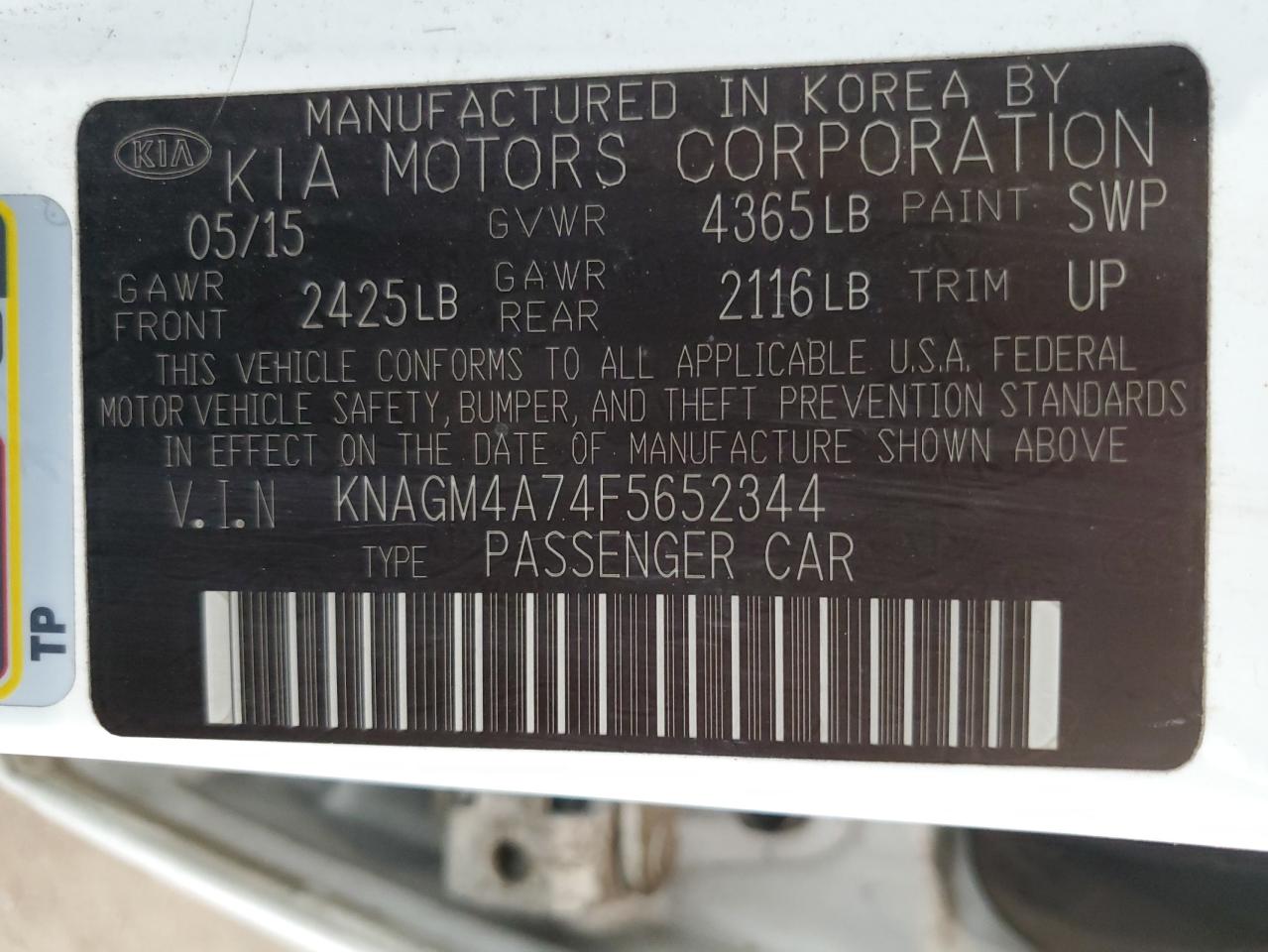 KNAGM4A74F5652344 2015 Kia Optima Lx