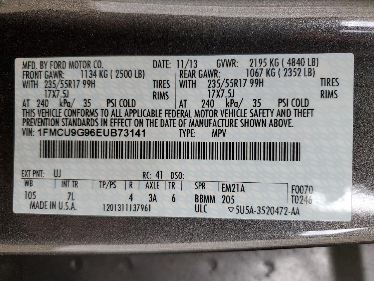 1FMCU9G96EUB73141 2014 Ford Escape Se