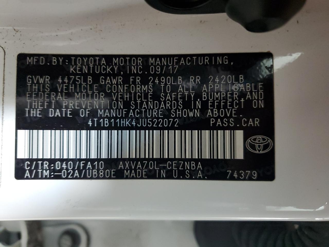 4T1B11HK4JU522072 2018 Toyota Camry L