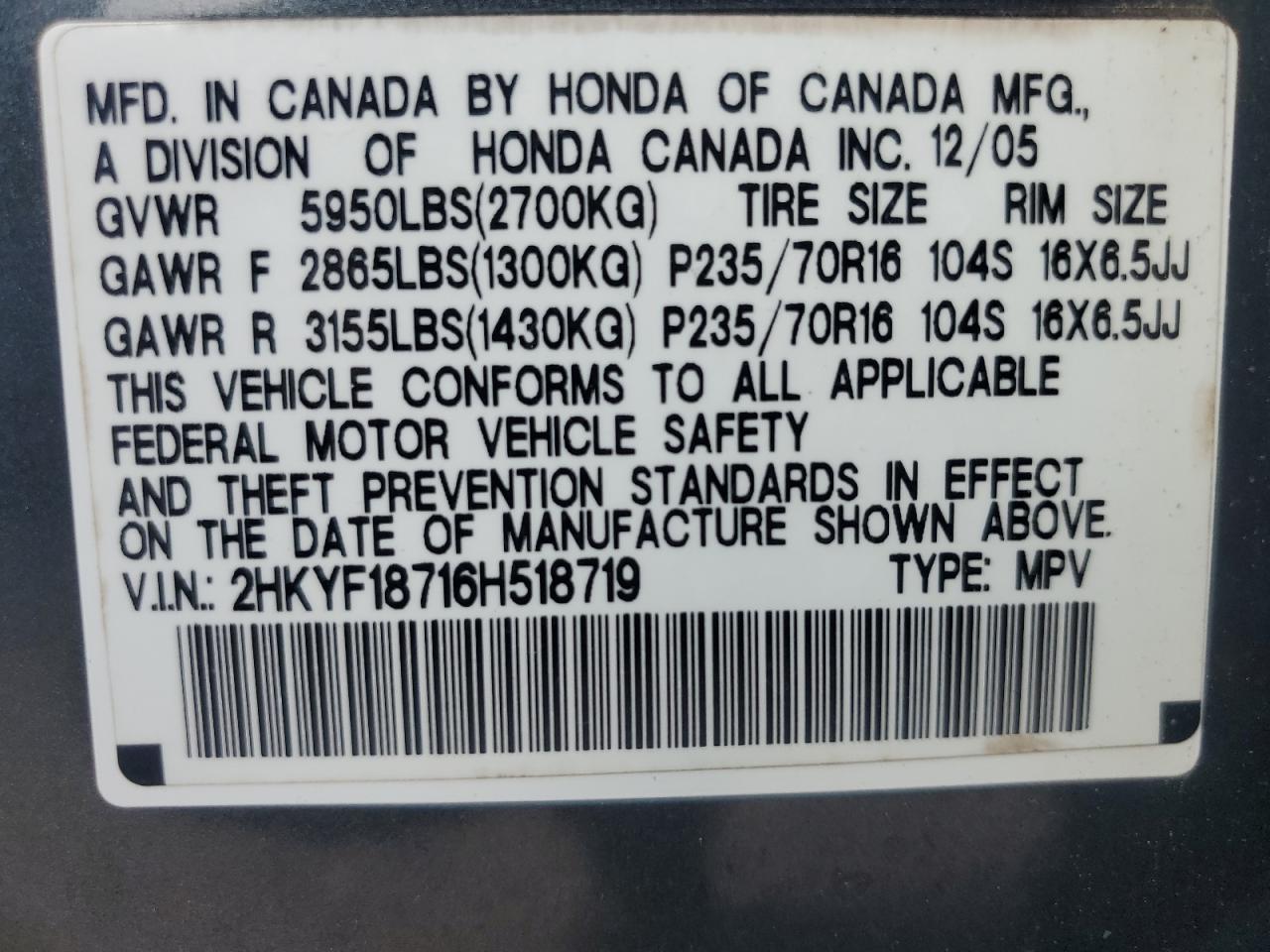 2HKYF18716H518719 2006 Honda Pilot Ex