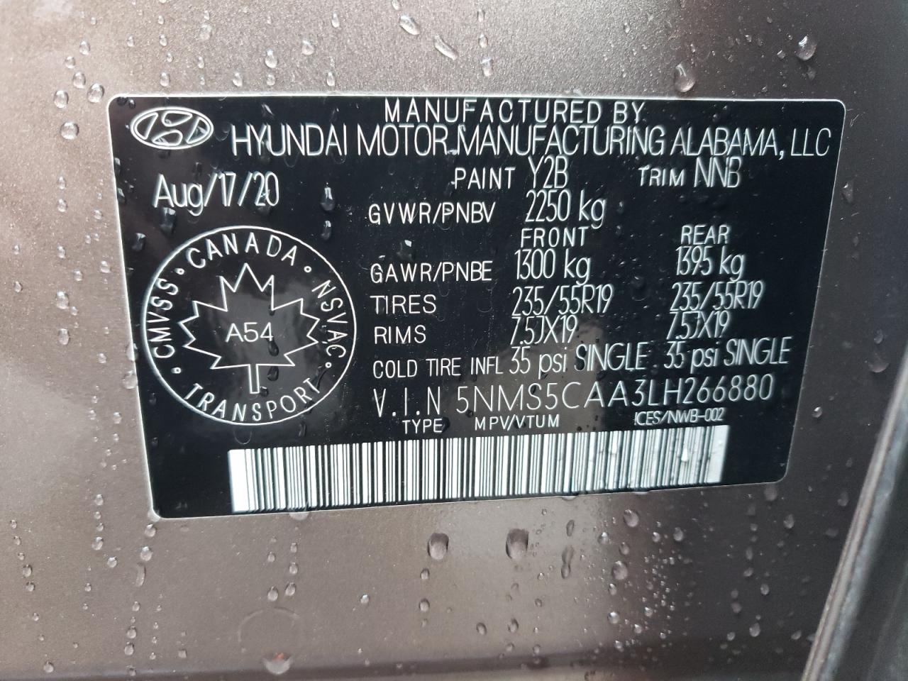 5NMS5CAA3LH266880 2020 Hyundai Santa Fe Limited