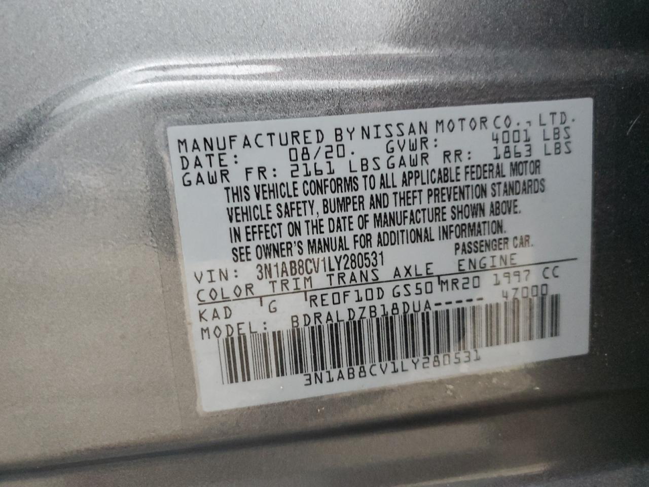 3N1AB8CV1LY280531 2020 Nissan Sentra Sv