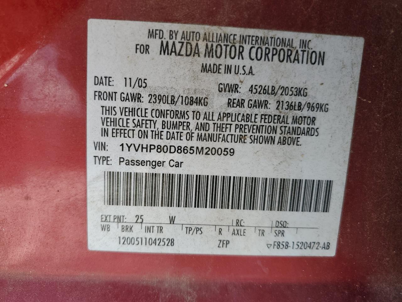 1YVHP80D865M20059 2006 Mazda 6 S