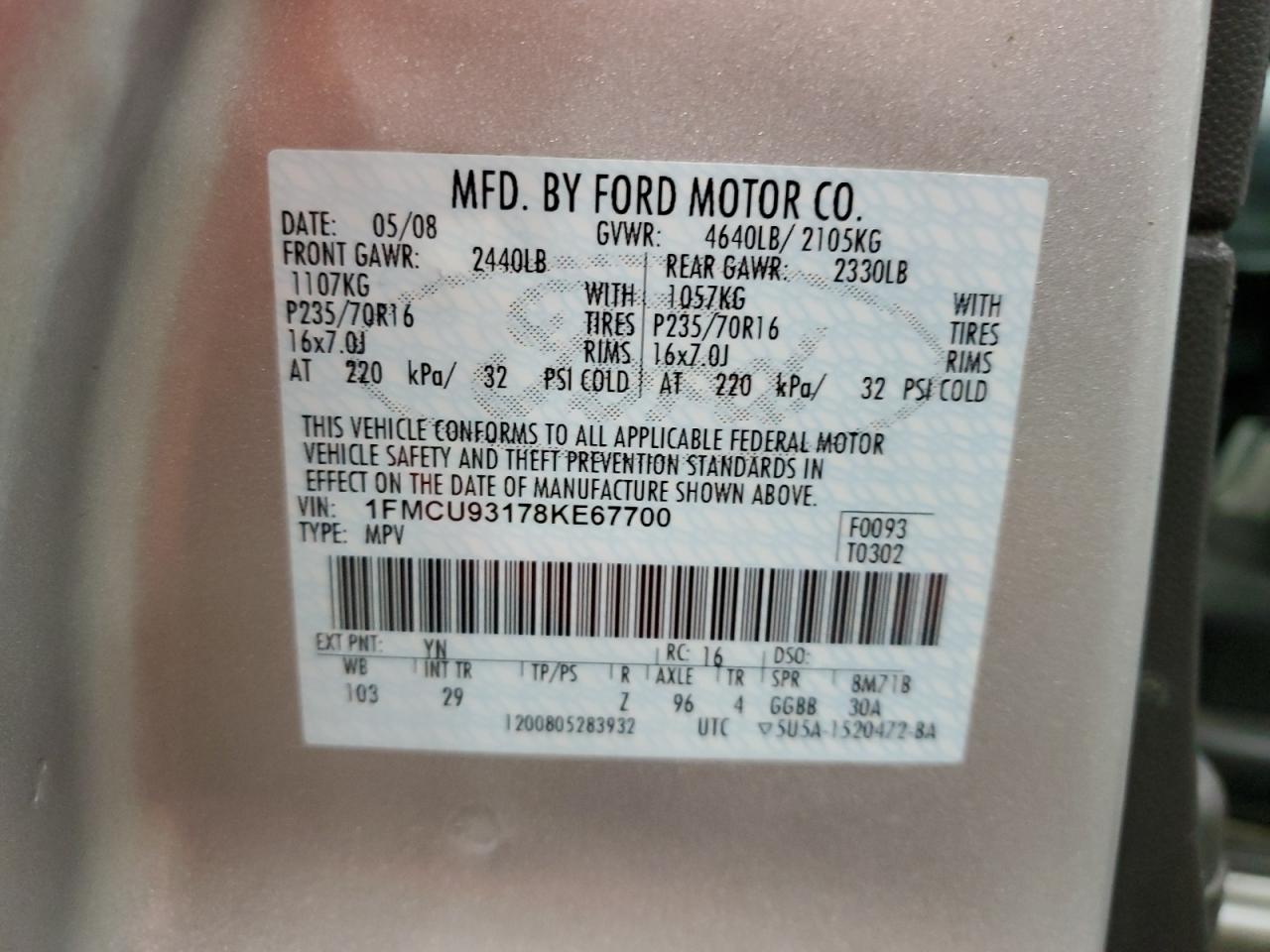 1FMCU93178KE67700 2008 Ford Escape Xlt