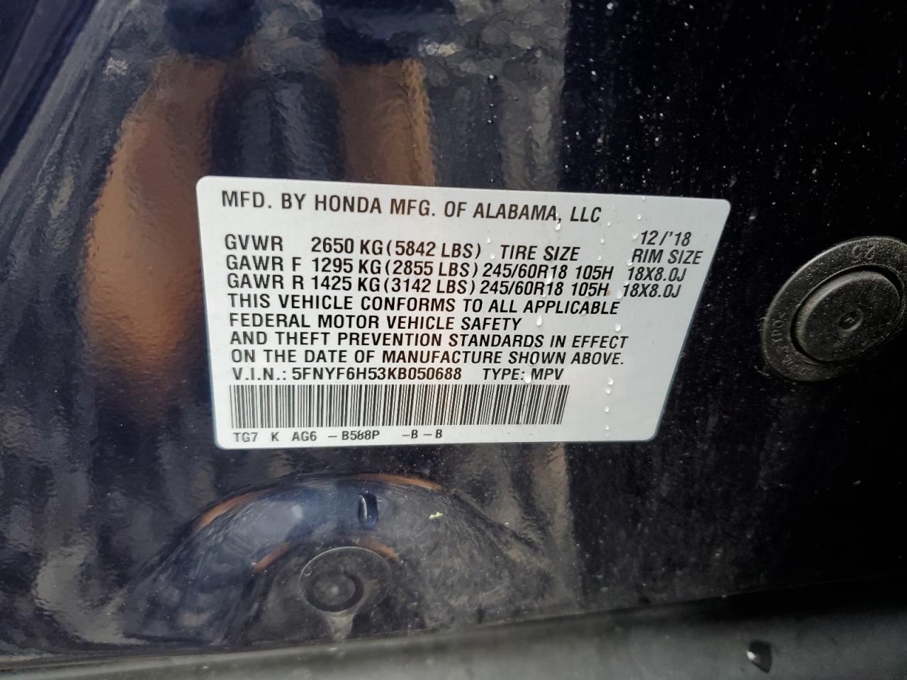 5FNYF6H53KB050688 2019 Honda Pilot Exl