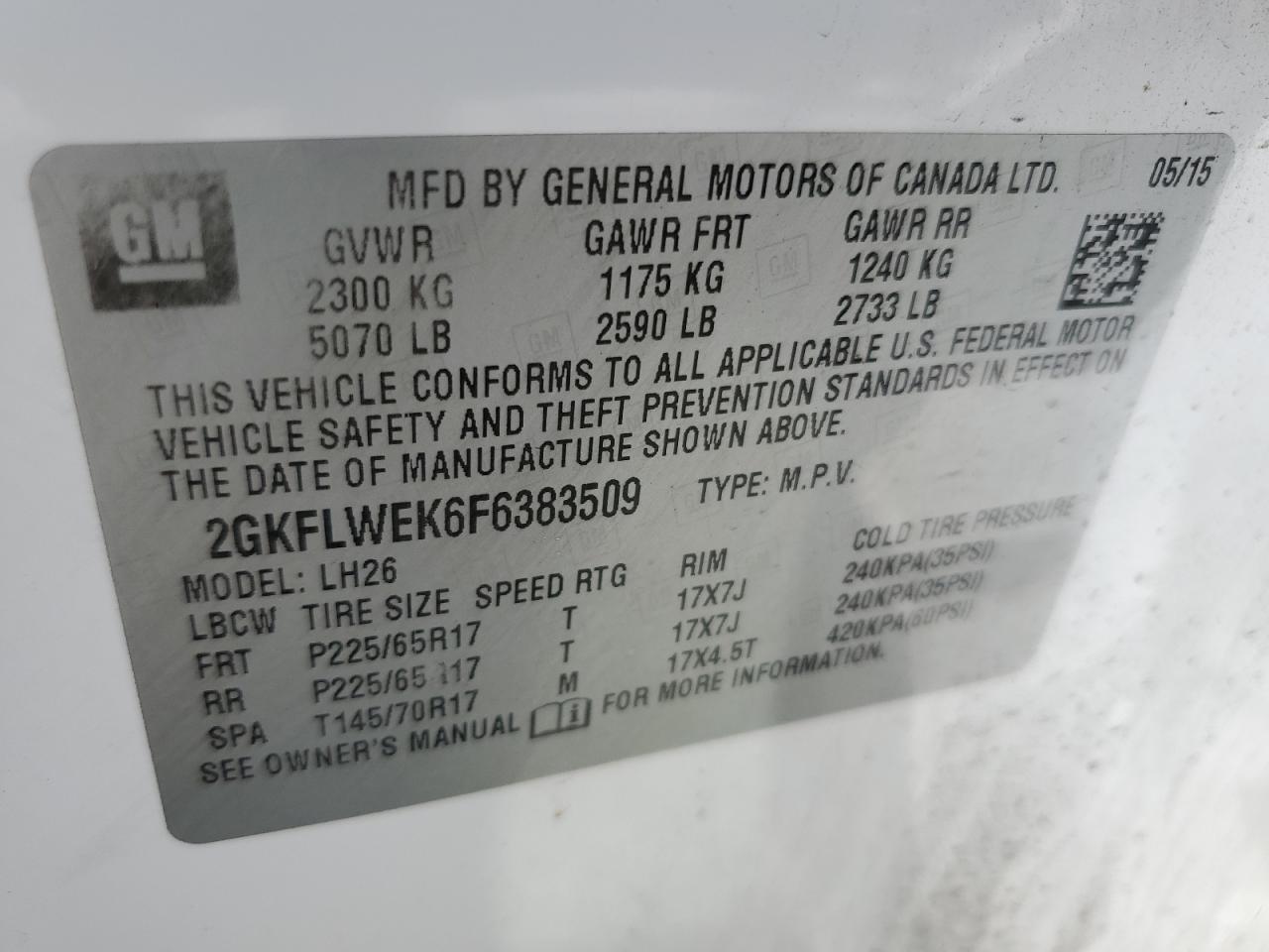 2GKFLWEK6F6383509 2015 GMC Terrain Sle