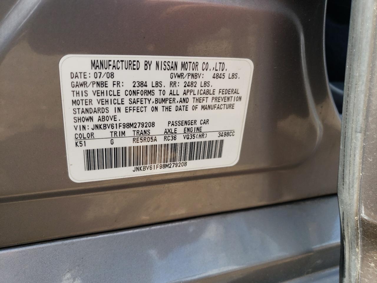 JNKBV61F98M279208 2008 Infiniti G35