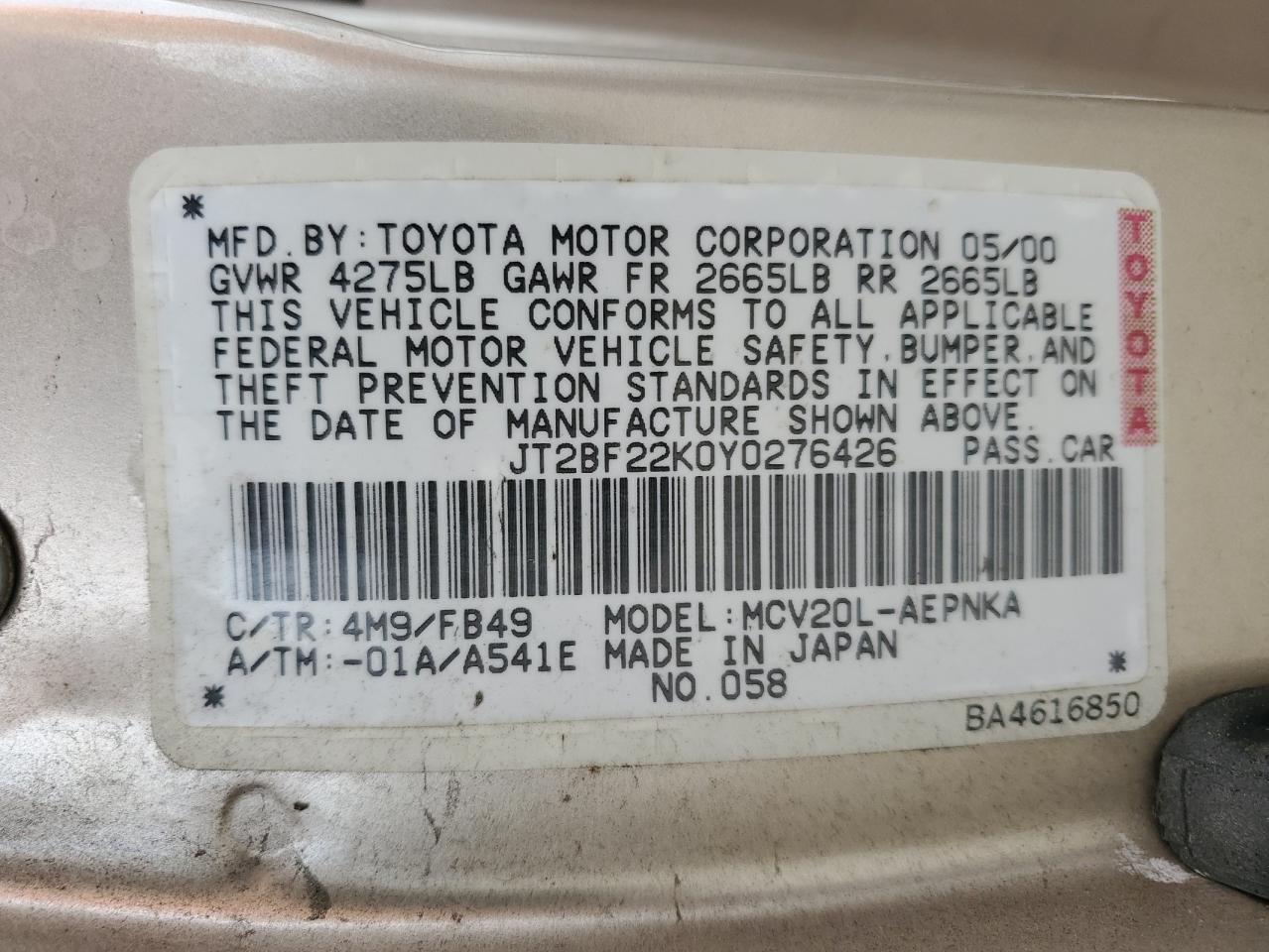 JT2BF22K0Y0276426 2000 Toyota Camry Ce