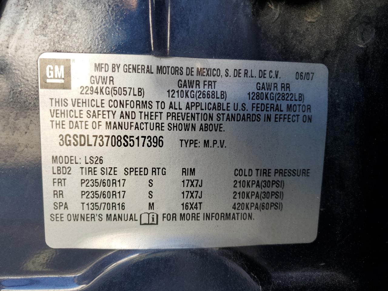 3GSDL73708S517396 2008 Saturn Vue Xr