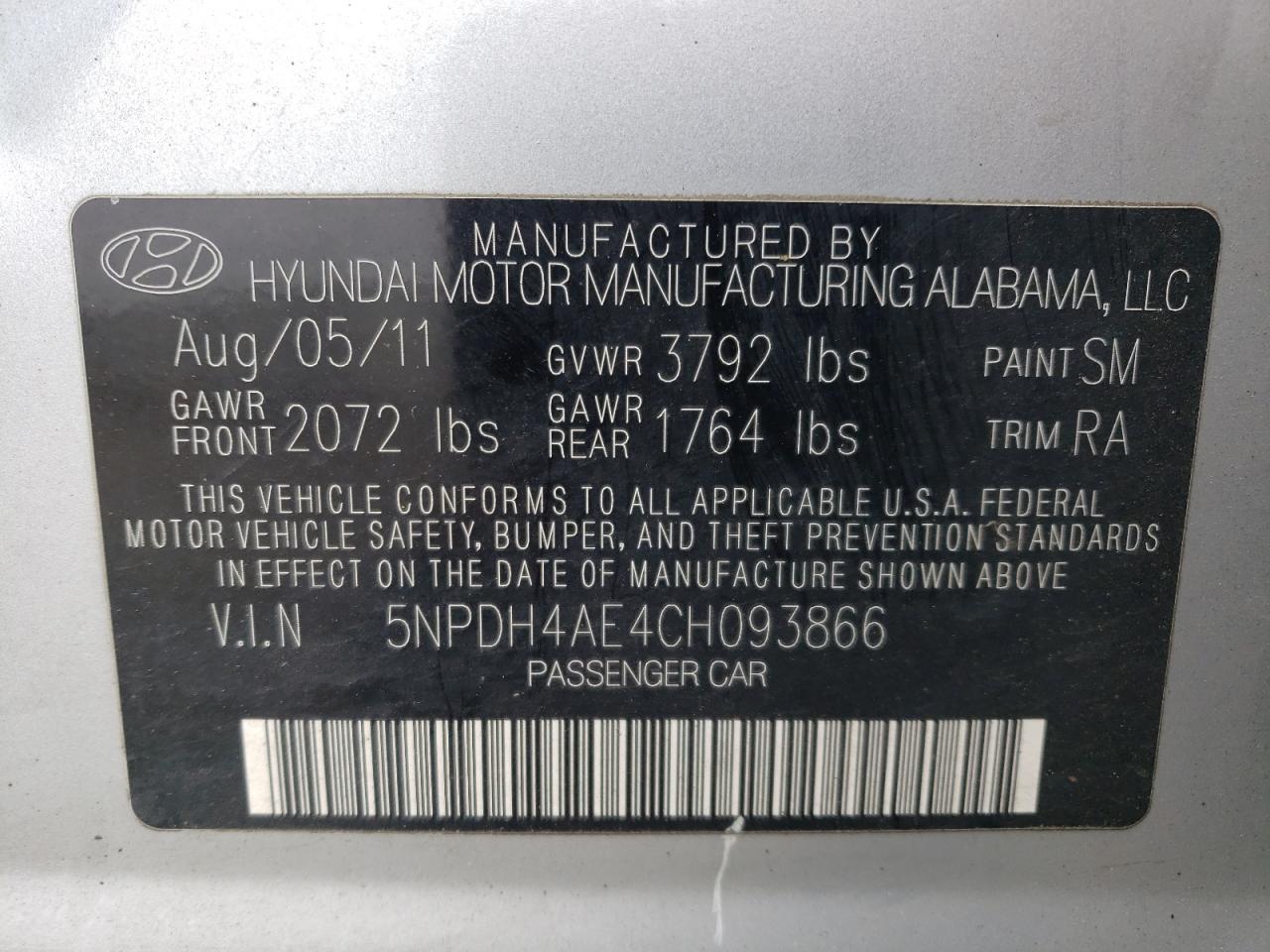 5NPDH4AE4CH093866 2012 Hyundai Elantra Gls