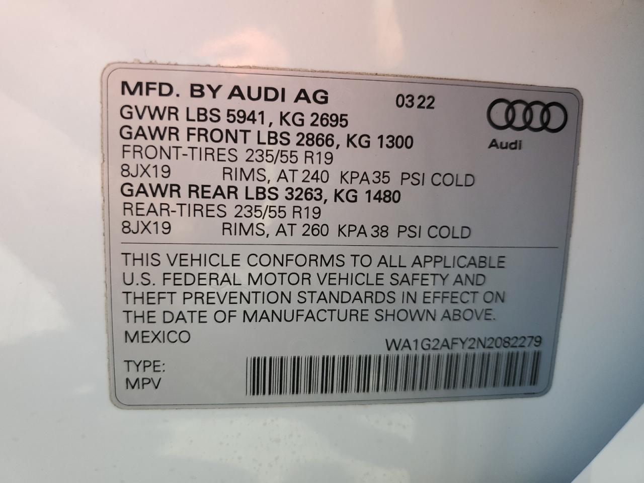 WA1G2AFY2N2082279 2022 Audi Q5 E Premium 55