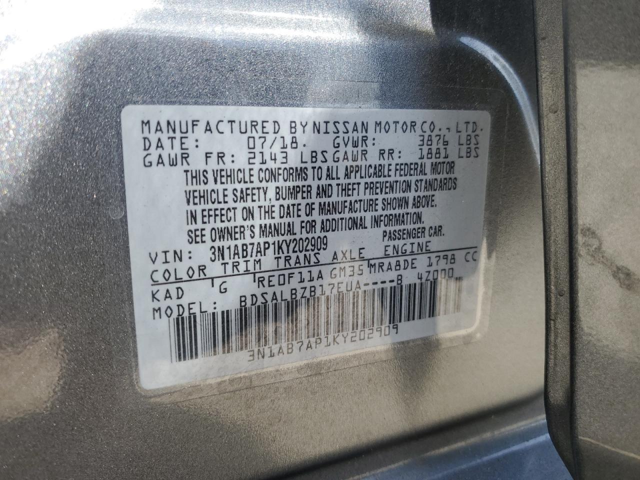 3N1AB7AP1KY202909 2019 Nissan Sentra S