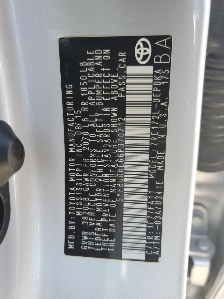 5YFBURHE6GP370712 2016 Toyota Corolla L