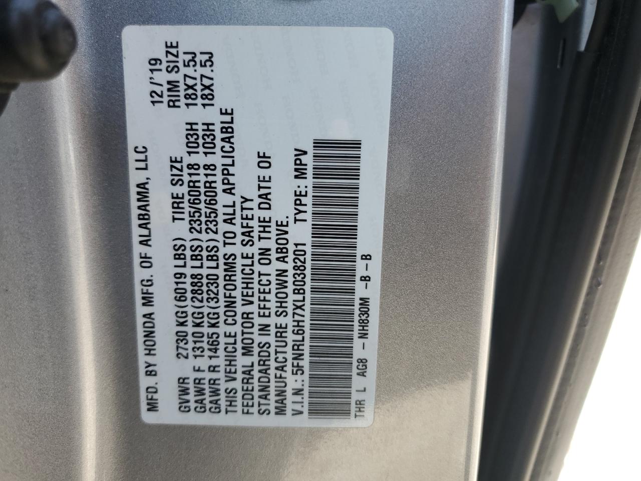 5FNRL6H7XLB038201 2020 Honda Odyssey Exl