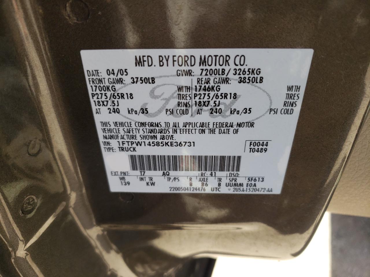 1FTPW14585KE36731 2005 Ford F150 Supercrew