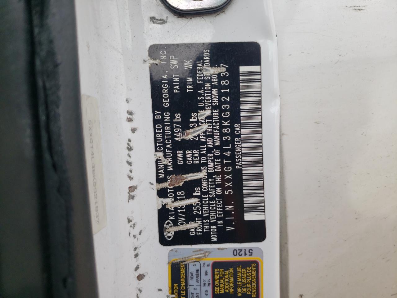 5XXGT4L38KG321837 2019 Kia Optima Lx