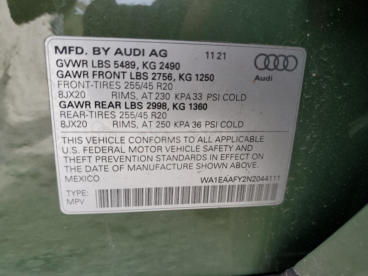 WA1EAAFY2N2044111 2022 Audi Q5 Premium Plus 45