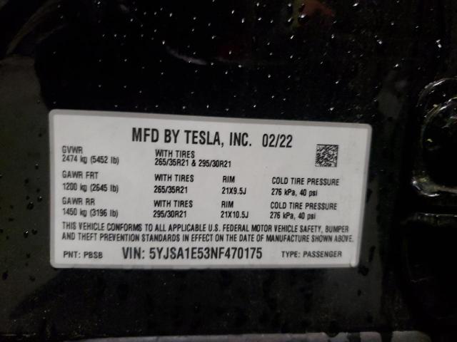 2022 Tesla Model S VIN: 5YJSA1E53NF470175 Lot: 54542224