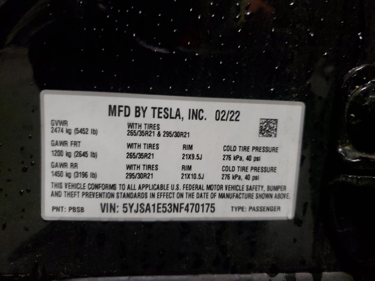 5YJSA1E53NF470175 2022 Tesla Model S