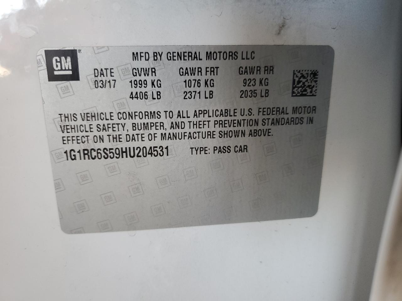 1G1RC6S59HU204531 2017 Chevrolet Volt Lt