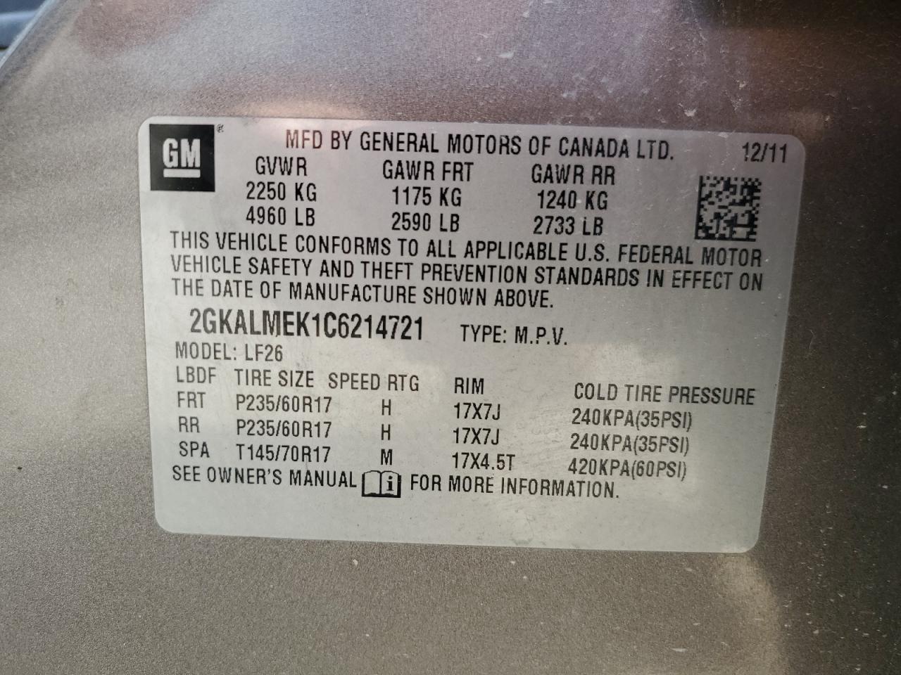 2GKALMEK1C6214721 2012 GMC Terrain Sle