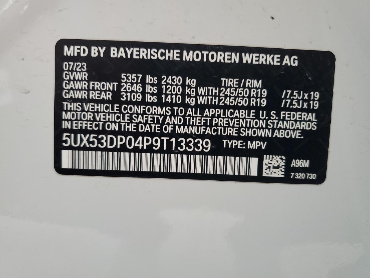 2023 BMW X3 xDrive30I vin: 5UX53DP04P9T13339