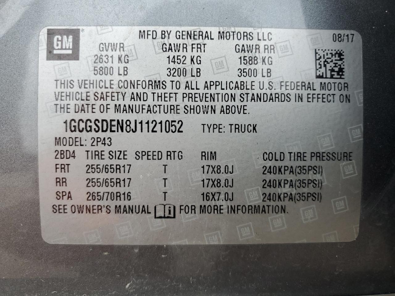 1GCGSDEN8J1121052 2018 Chevrolet Colorado Z71