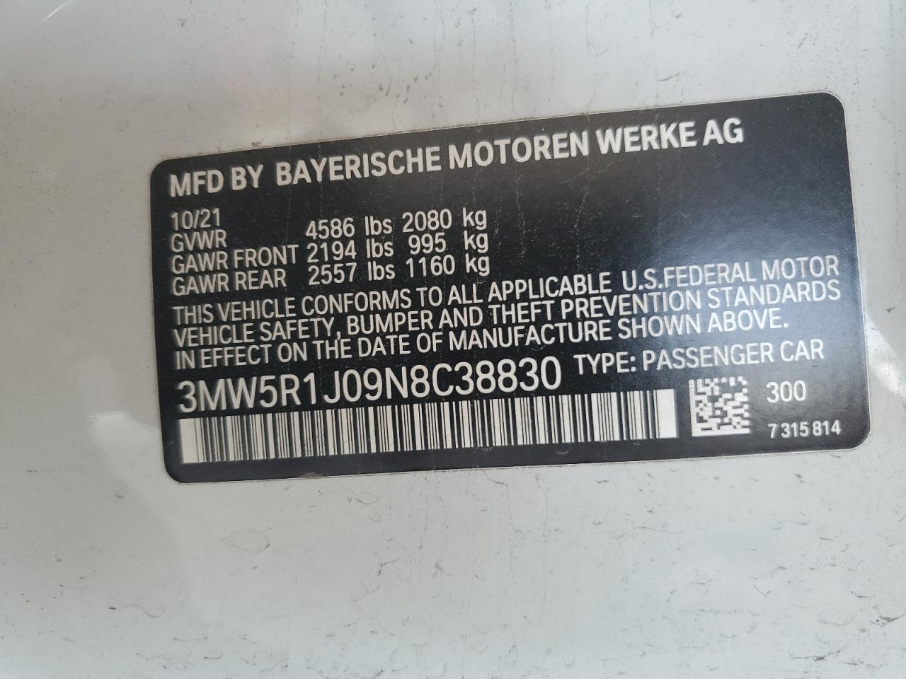 3MW5R1J09N8C38830 2022 BMW 330I