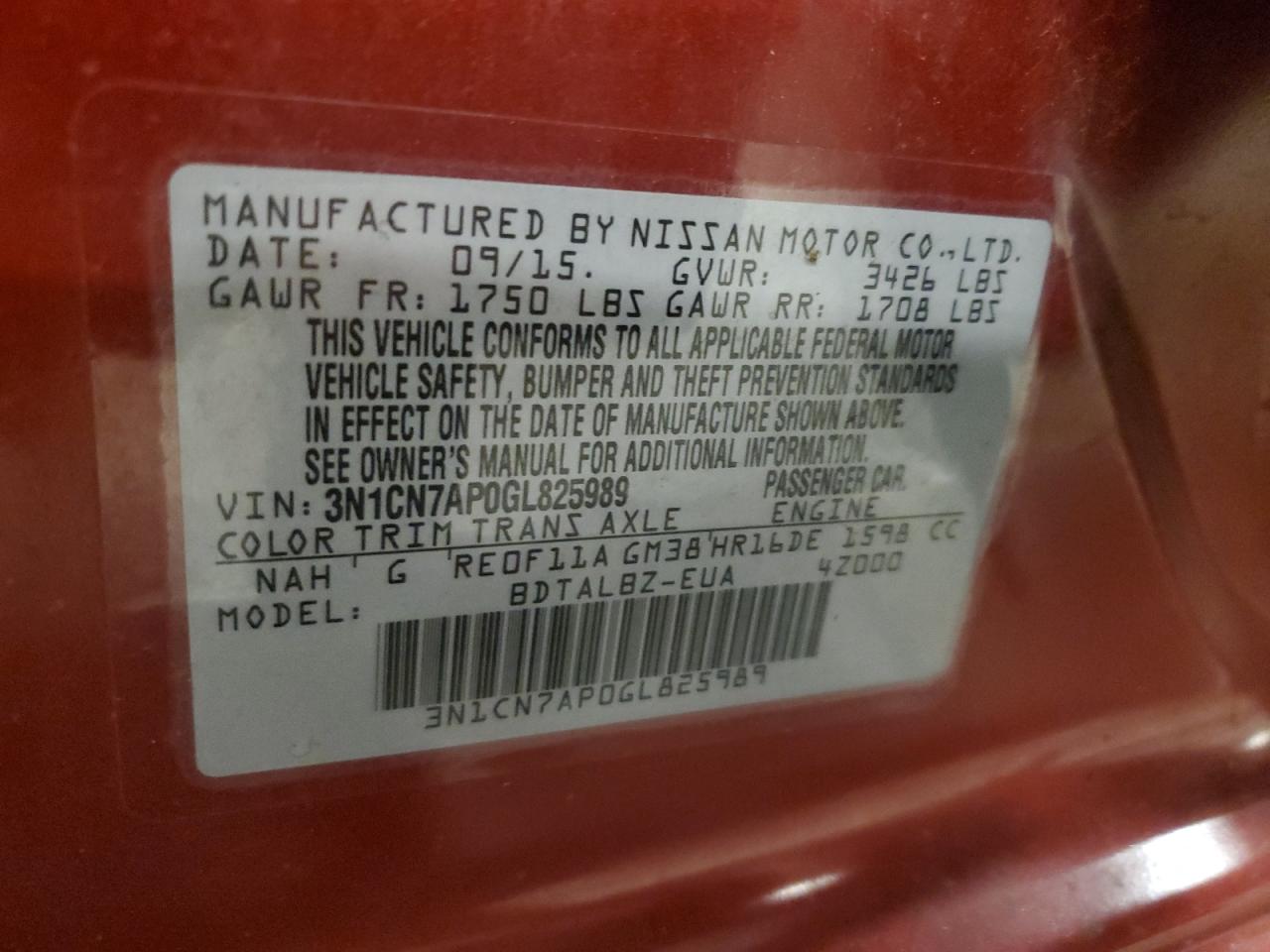 3N1CN7AP0GL825989 2016 Nissan Versa S