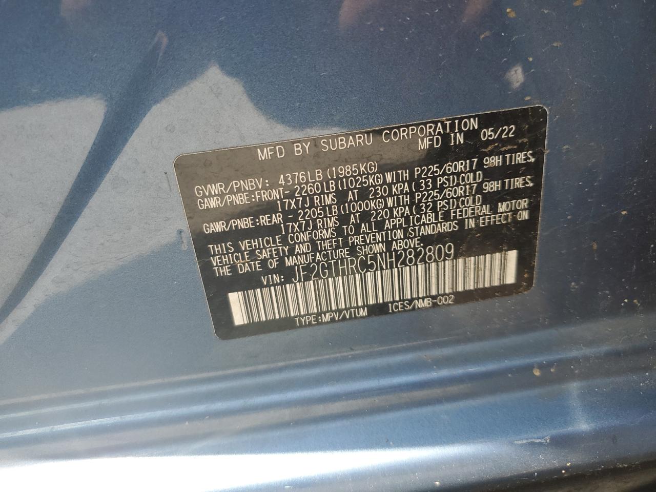 2022 Subaru Crosstrek Sport vin: JF2GTHRC5NH282809