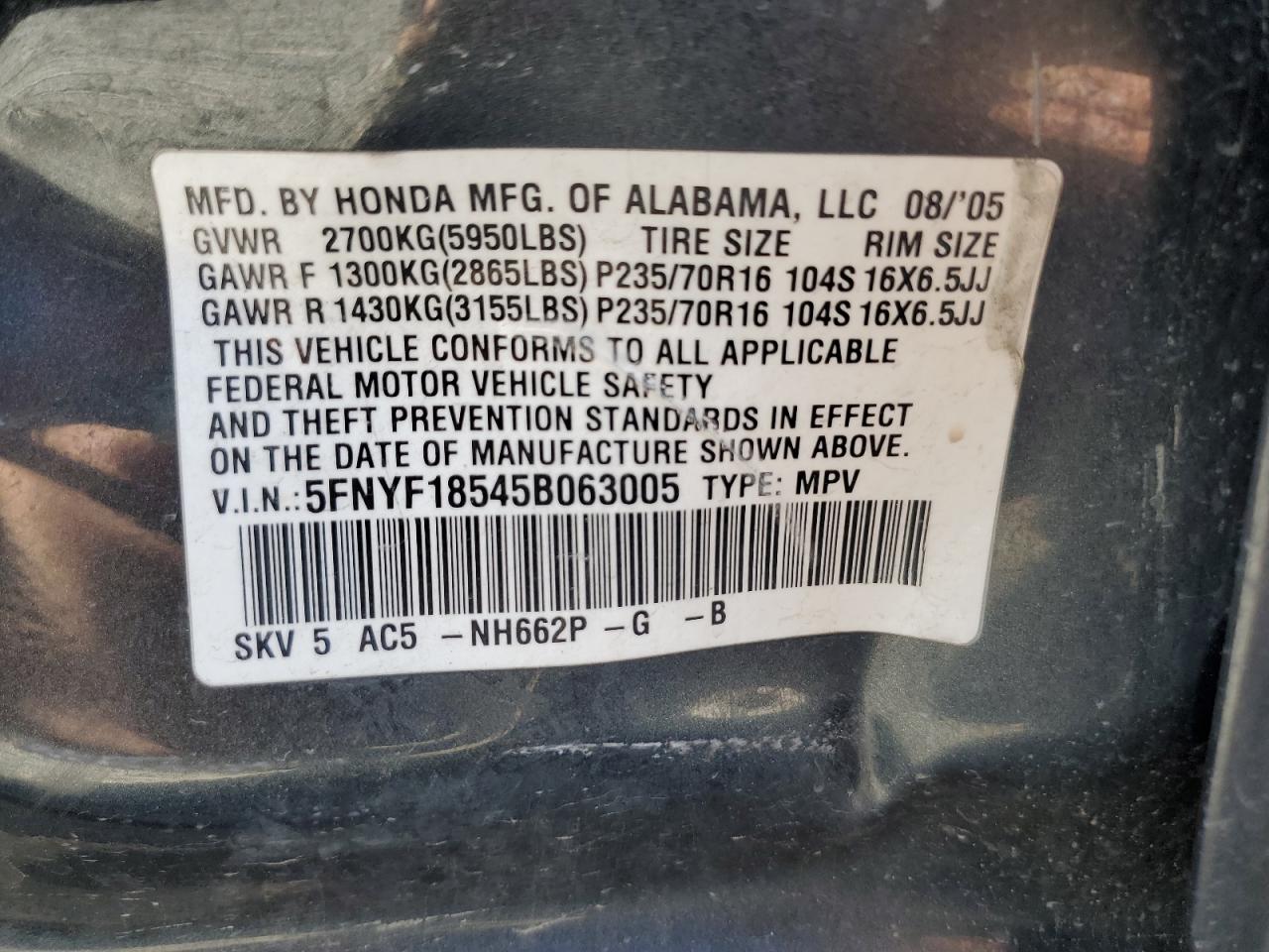 5FNYF18545B063005 2005 Honda Pilot Exl