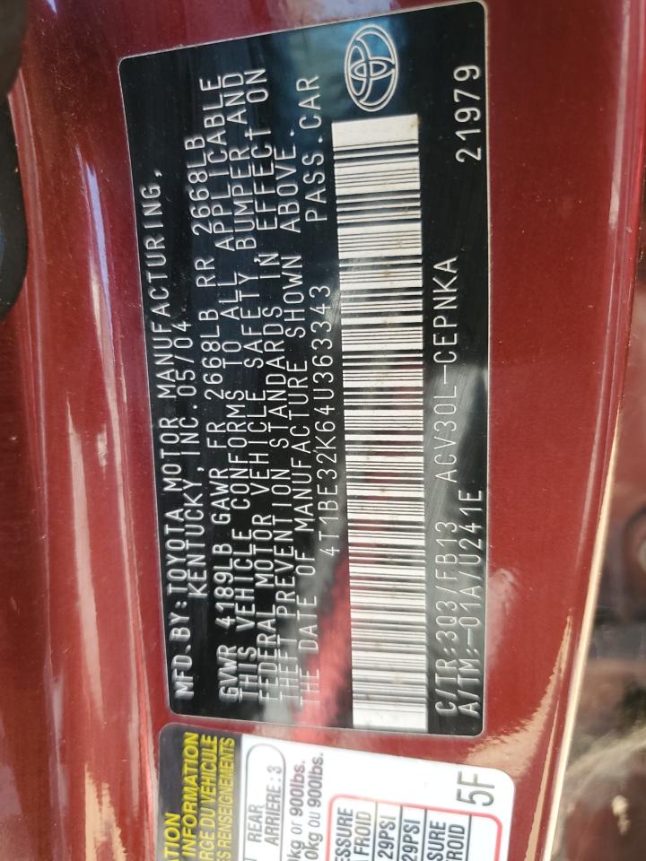 4T1BE32K64U363343 2004 Toyota Camry Le