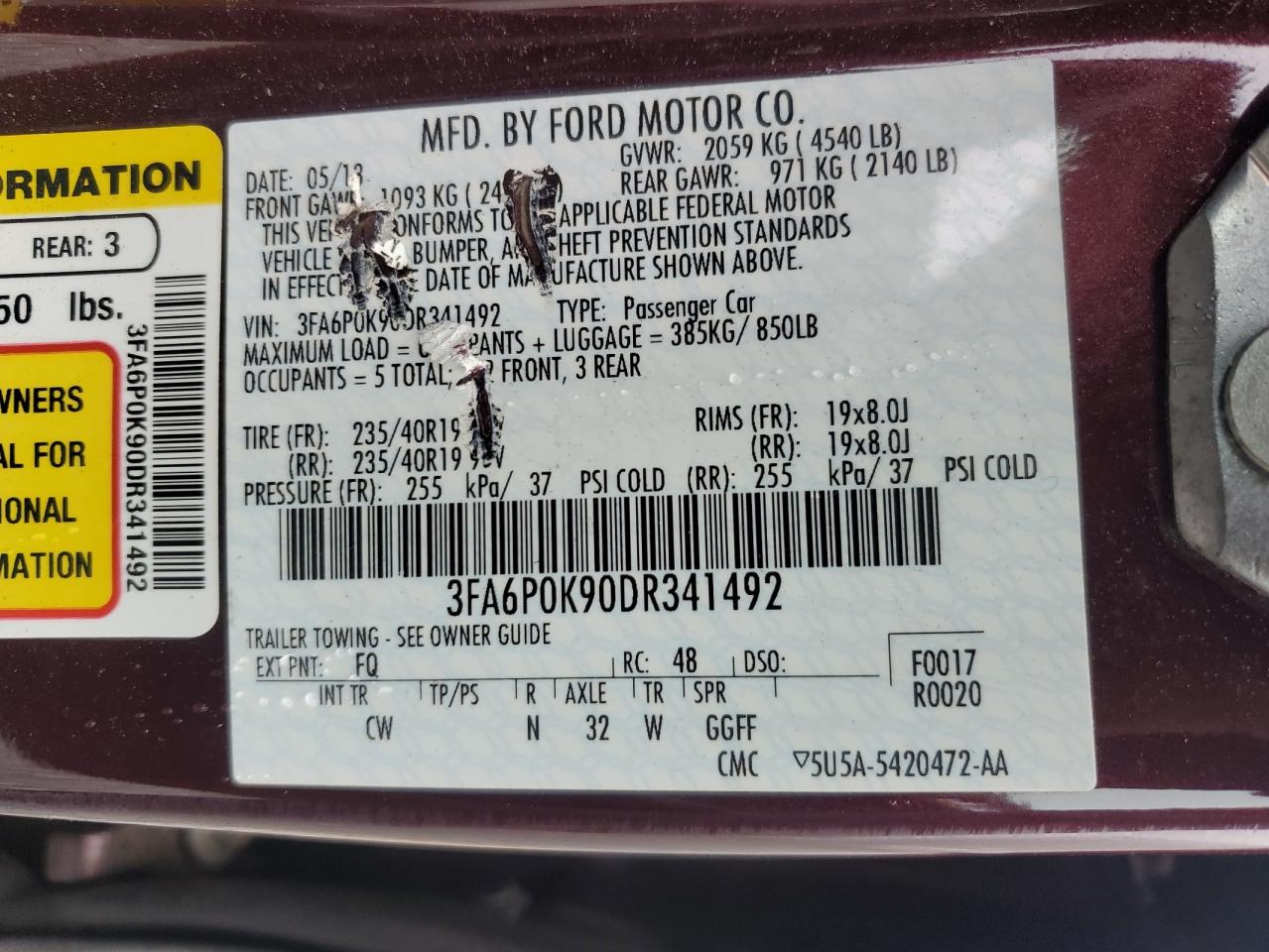 3FA6P0K90DR341492 2013 Ford Fusion Titanium