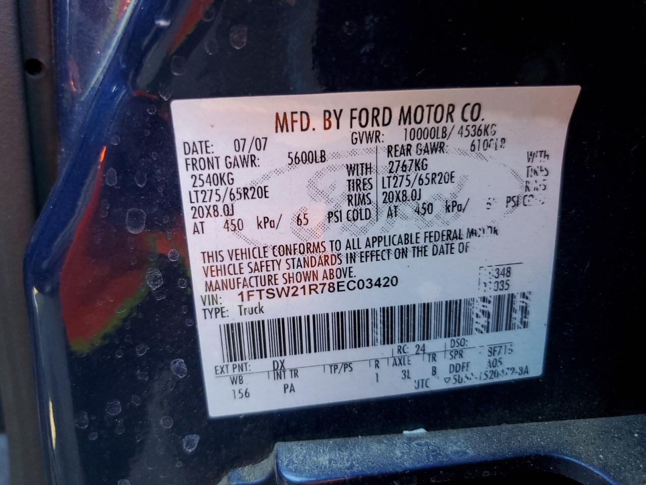 1FTSW21R78EC03420 2008 Ford F250 Super Duty