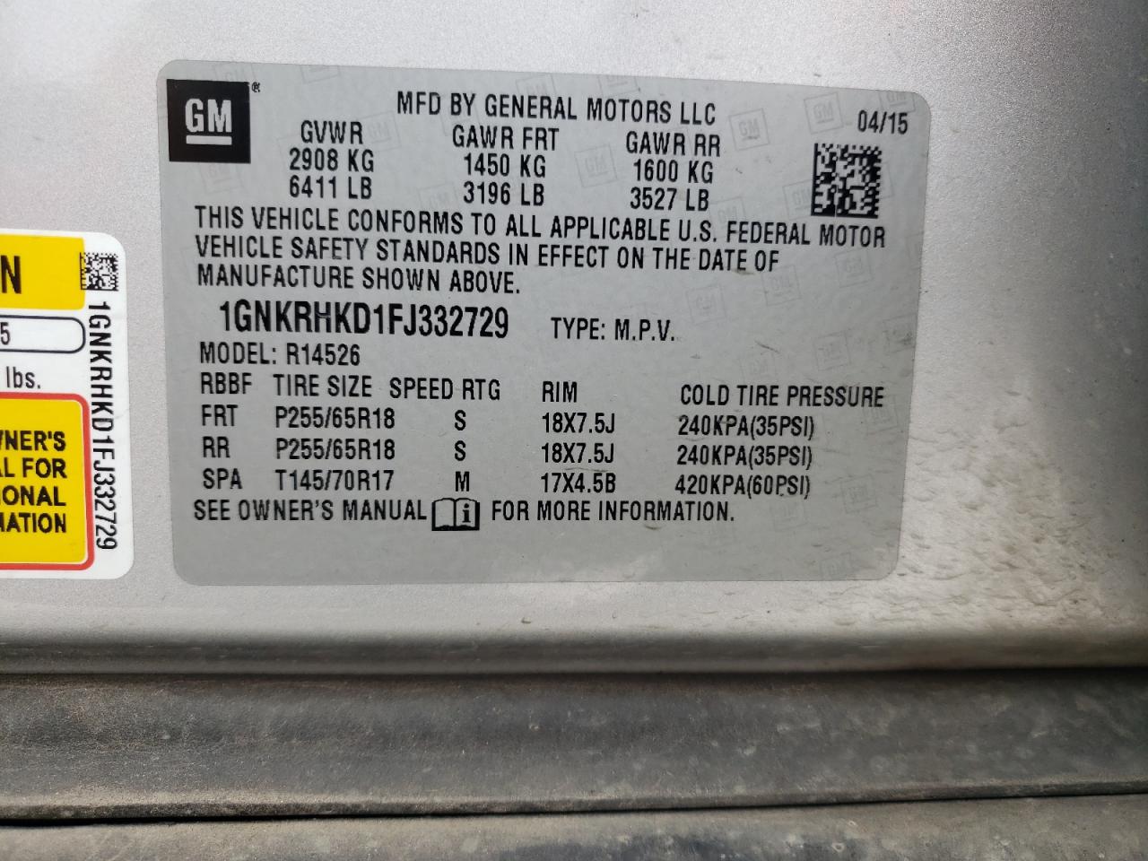 1GNKRHKD1FJ332729 2015 Chevrolet Traverse Lt