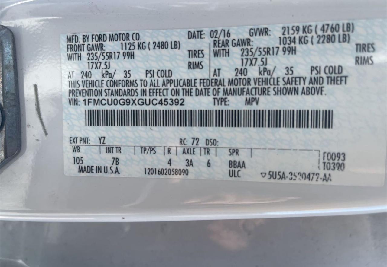 1FMCU0G9XGUC45392 2016 Ford Escape Se