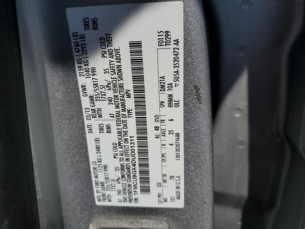 1FMCU9GX4DUD01311 2013 Ford Escape Se