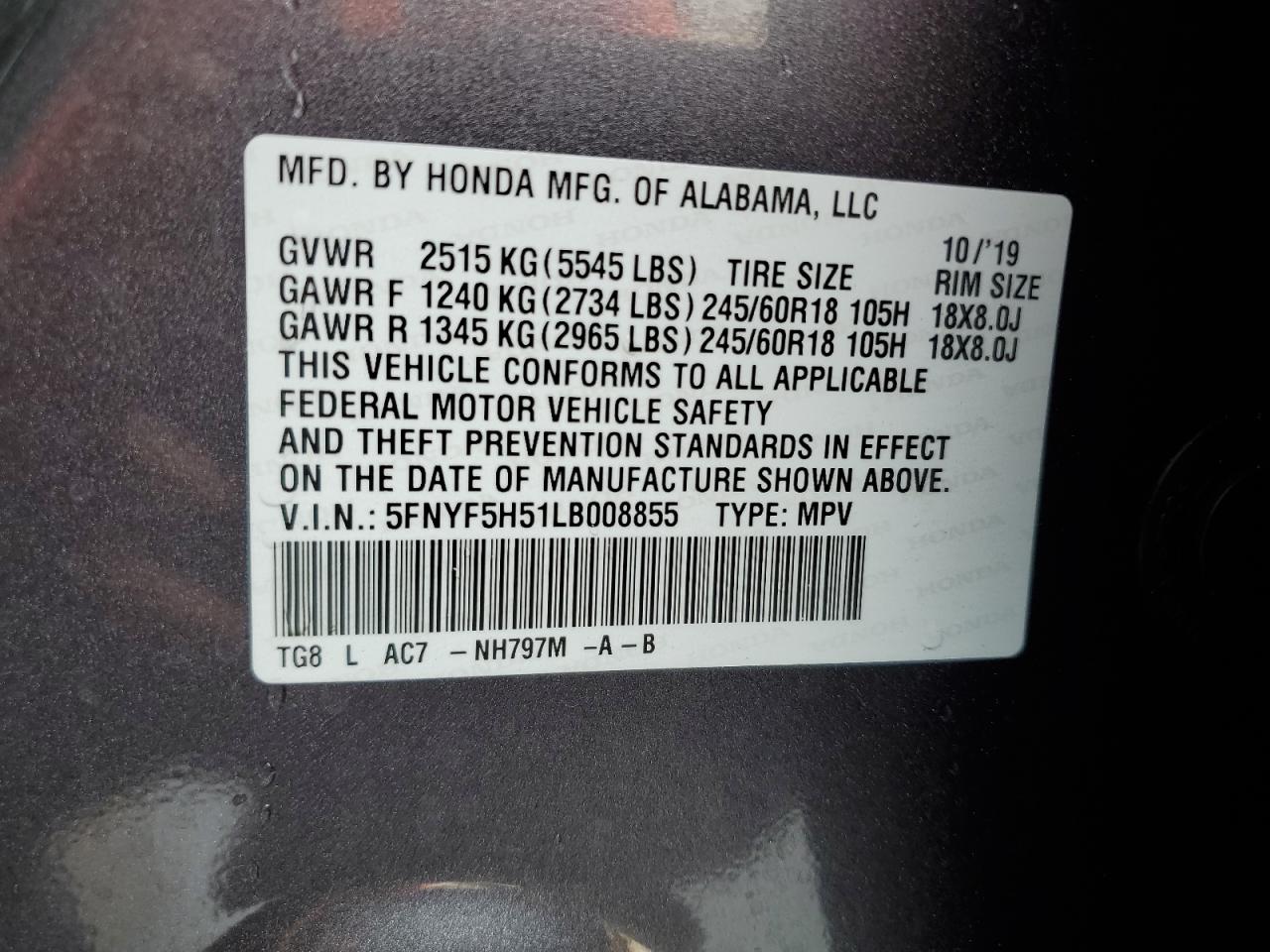 5FNYF5H51LB008855 2020 Honda Pilot Exl