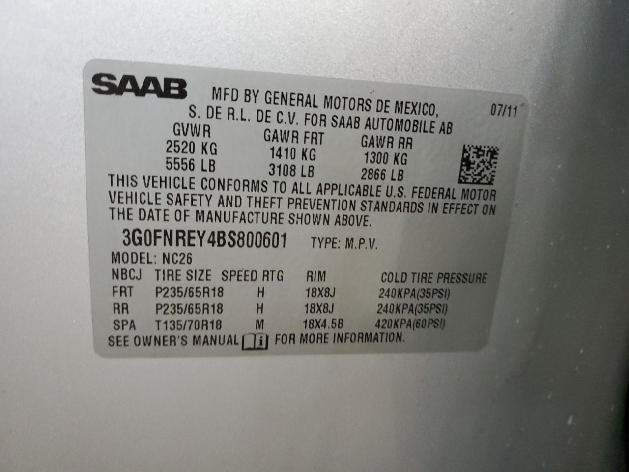 3G0FNREY4BS800601 2011 Saab 9-4X