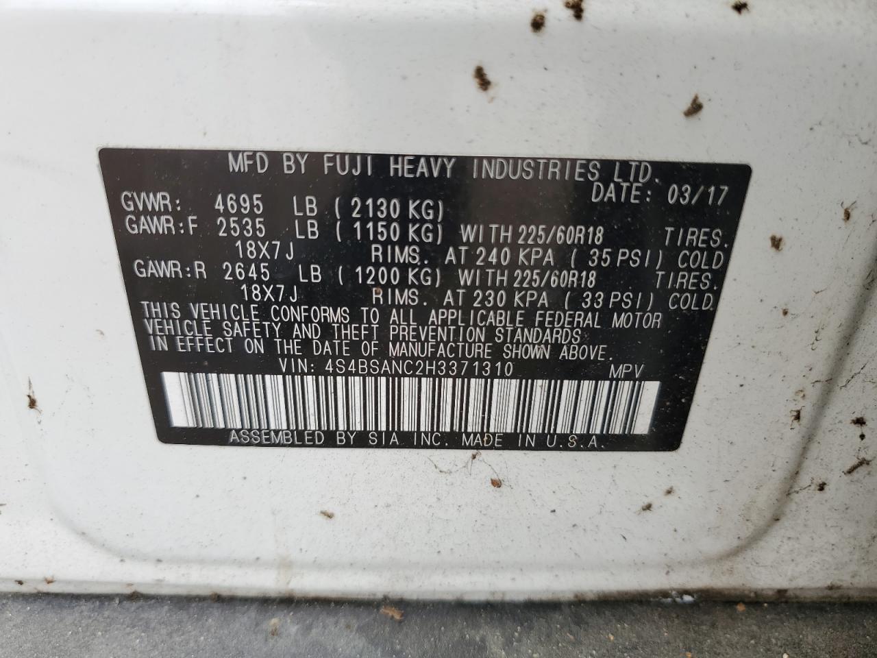 4S4BSANC2H3371310 2017 Subaru Outback 2.5I Limited