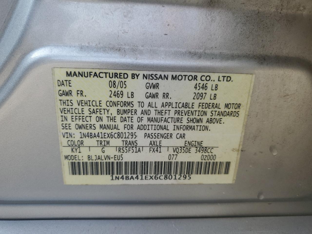 1N4BA41EX6C801295 2006 Nissan Maxima Se