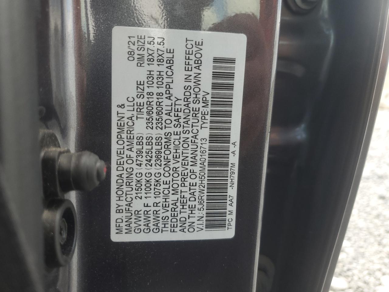 5J6RW2H50MA016713 2021 Honda Cr-V Ex