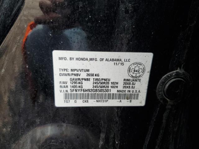 2016 Honda Pilot Touring VIN: 5FNYF6H92GB505301 Lot: 53805664