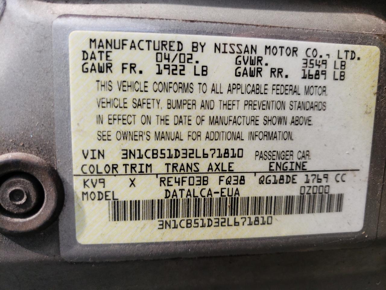 3N1CB51D32L671810 2002 Nissan Sentra Xe