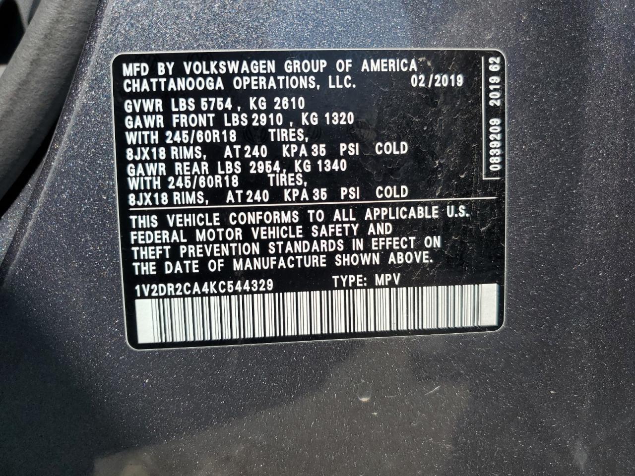 1V2DR2CA4KC544329 2019 Volkswagen Atlas Se