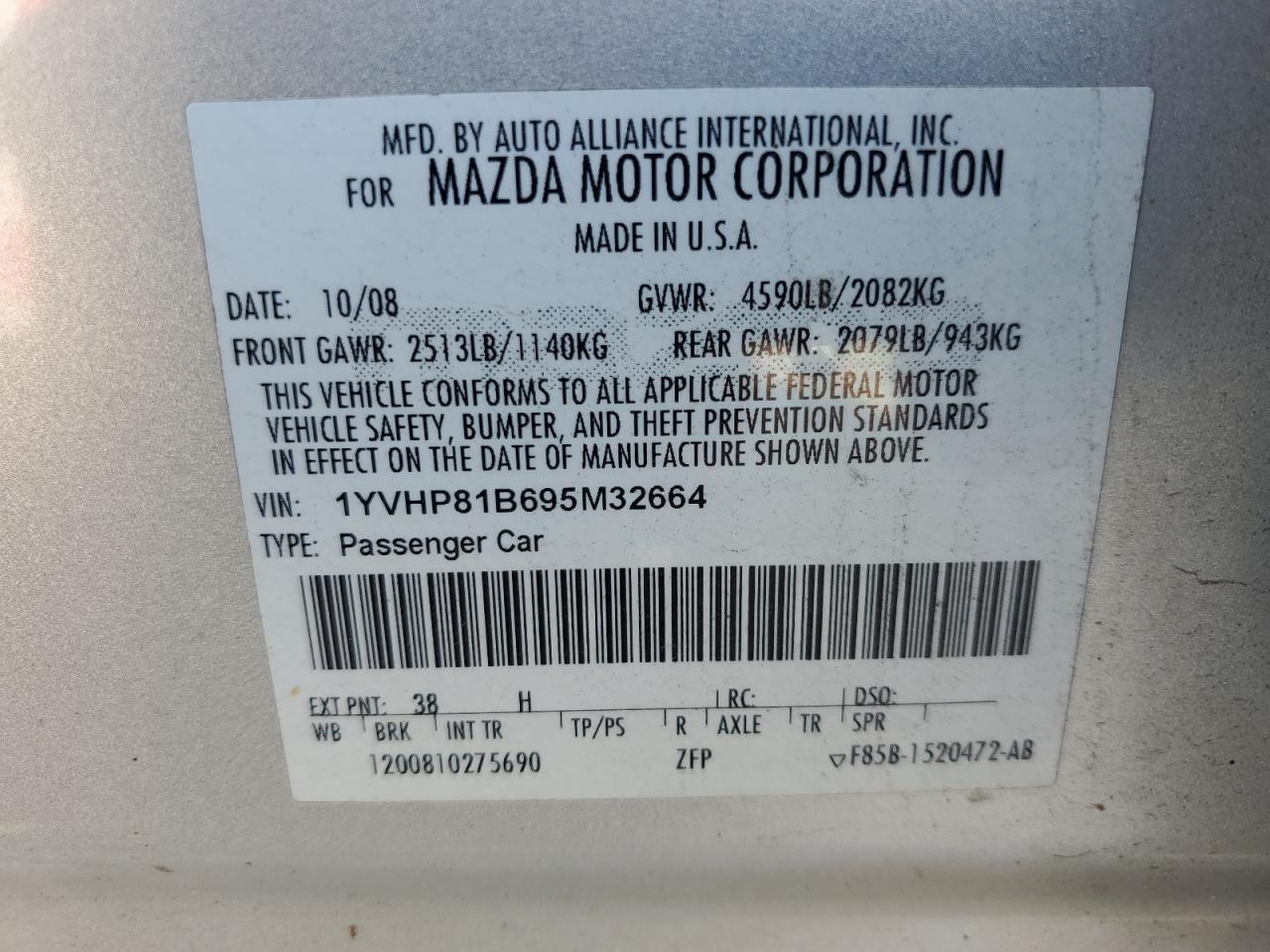 1YVHP81B695M32664 2009 Mazda 6 S